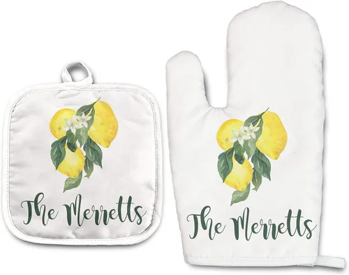 Lemon - Juego de manoplas de horno personalizadas y soporte para ollas | Mitón de horno | Soporte para ollas | Regalos de cocina | Inauguración de