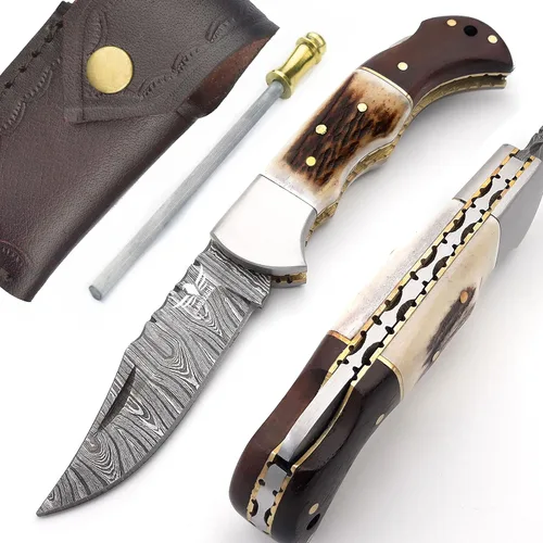 Miniatura 9 de Cuchillo de bolsillo de damasco Lara Eagle para hombres - Cuchillos de caza plegables hechos a mano de 133 capas de acero sólido con afilador