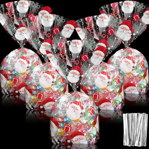 Miniatura 10 de Outus 100 piezas de bolsas de regalo de Navidad, bolsas de celofán con copos de nieve y Santa Claus, recipientes planos de plástico de celofán