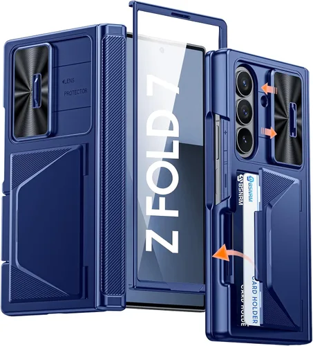 Miniatura 9 de Funda para Samsung Galaxy Z Fold 7 con tarjetero con bloqueo RFID, cubierta de lente deslizante integrada y protección de bisagra y protector
