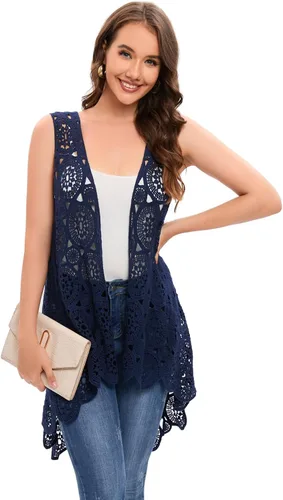 Miniatura 3 de Chaleco de encaje de ganchillo para mujer, estilo bohemio, sin mangas, kimono con dobladillo irregular