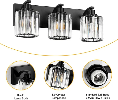 Miniatura 5 de 3 luces de cristal para tocador de baño, moderna lámpara de baño negra sobre espejo, luces de tocador para dormitorio, baño, pasillo, base E26
