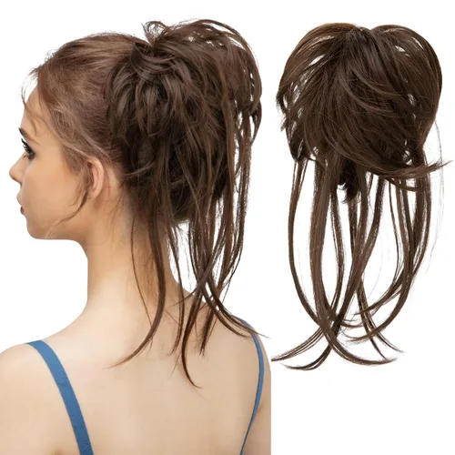 Miniatura 23 de CJL HAIR - Extensión de cabello tipo coletero de chongo desordenado, rizado, sintético, con colas rectas, scrunchies para peinados de moño