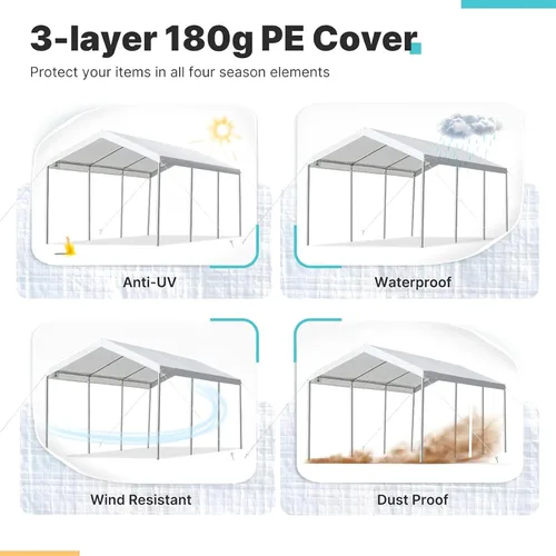 Miniatura 4 de Cubierta de Repuesto Mejorada para Toldo de Cochera para Carpa de Auto de 10' x 20' Cubierta Superior de Refugio de Garaje Lona con Cuerdas