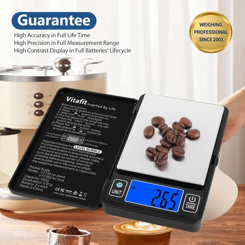 Miniatura 6 de Vitafit Báscula digital de gramo de 17.64 oz en 0.00 oz, alta precisión garantizada por burbuja de nivel incorporada, báscula profesional desde Negro