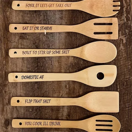 Miniatura 5 de Divertido juego de cucharas de madera, 6 cucharas de madera para reproducir, cuchara de café de madera grabada con frases divertidas, cucharas