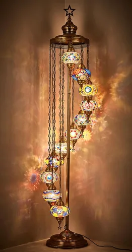 DEMMEX Lámpara de pie con mosaico turco marroquí de 11 globos, 7 pies de alto, estilo Tiffany, lámpara decorativa bohemia con globos coloridos para