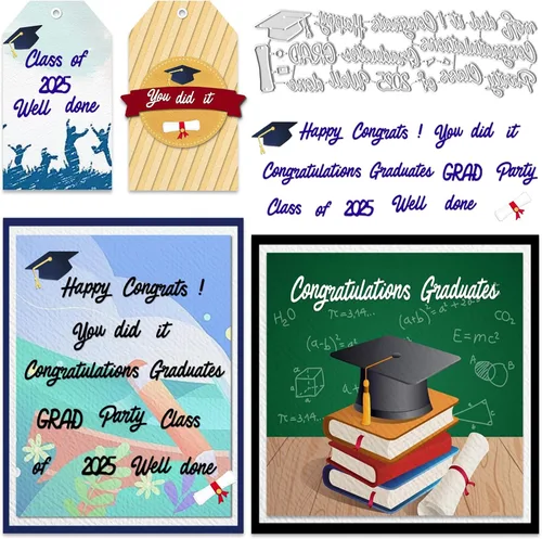Threetols 14 piezas de palabras de graduación troqueladas para hacer tarjetas, troqueles de corte de sombrero de graduación 2025 Felicidades Grad