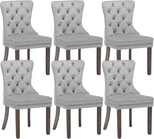 Miniatura 36 de KCC Nikki Collection - Juego de 4 sillas de comedor de terciopelo tapizadas de alta gama con anillo trasero de clavo, patas de madera maciza