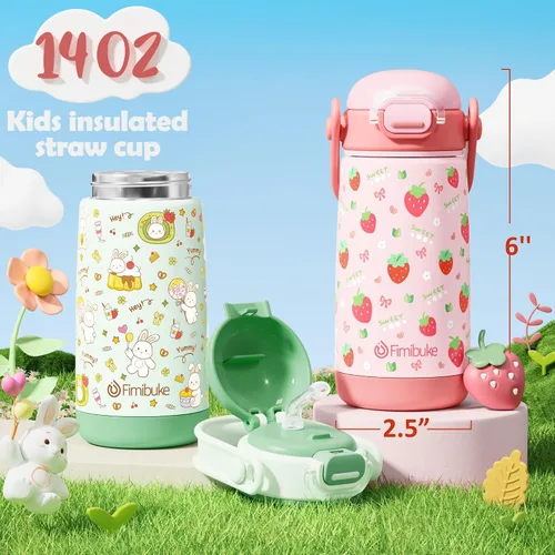 Miniatura 3 de Fimibuke Botella de agua aislada para niños con tapa con pajita y asa - 14 onzas, sin BPA, acero inoxidable 18/8, recipiente de metal, a prueba