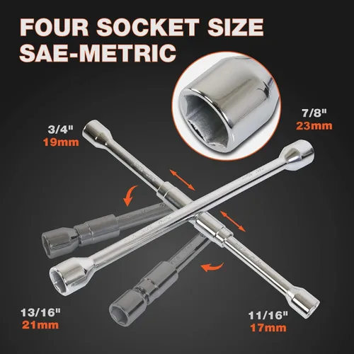 Miniatura 3 de Jack Boss Llave de llanta plegable de 4 vías, 14 pulgadas SAE + llave cruzada de neumático métrico universal y plegable para automóvil, camiones..