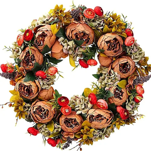 BOMAROLAN Corona de flores artificiales de peonía de 19 pulgadas, peonías de seda florecientes vintage, primavera, verano, otoño, invierno, coronas