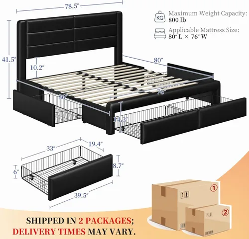 Miniatura 2 de Yaheetech Marco de cama tamaño completo con 2 estaciones de carga USB/puerto para tipo A y tipo C/3 cajones de almacenamiento, cama plataforma