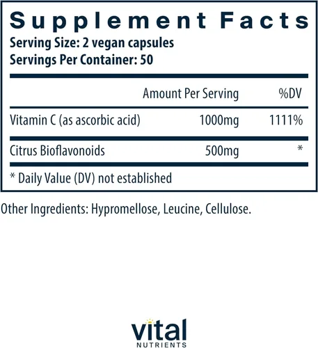 Miniatura 2 de Vital Nutrients Vitamina C con bioflavonoides - Suplemento vegano para apoyo inmunológico* - 1000 mg de vitamina C y 500 mg de bioflavonoides
