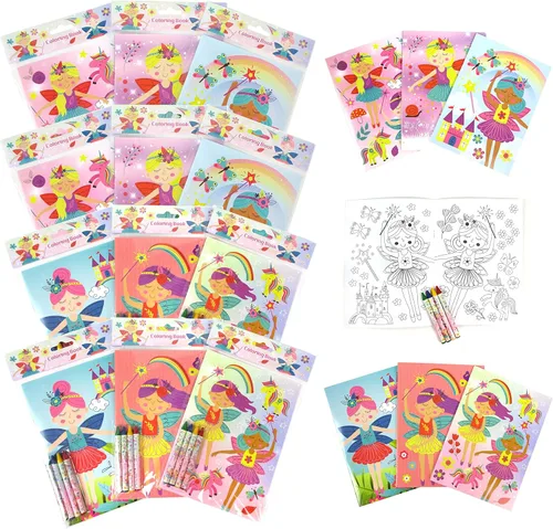 TINYMILLS Libros para colorear de hadas mágicas para niños con 12 libros para colorear y 48 lápices de colores, recuerdos de fiesta de cumpleaños de