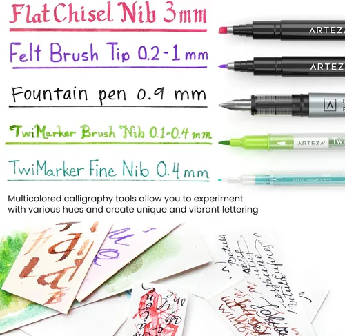 Miniatura 5 de ARTEZA Kit de caligrafía y letras – Juego para principiantes con marcadores de alcohol, bolígrafos de pincel, papel y herramientas para letras a