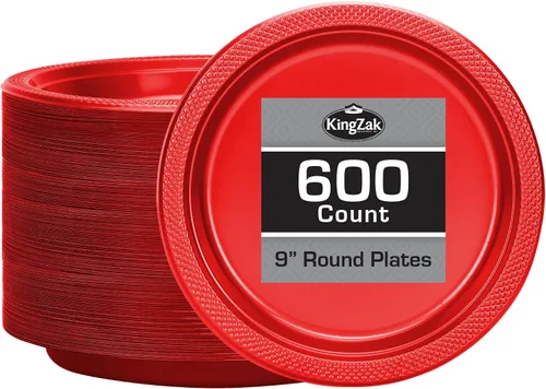 Miniatura 28 de Platos de plástico rojos de la colección Hanna K. Signature, redondos de 9 pulgadas, 50 unidades – Platos desechables resistentes para cenas