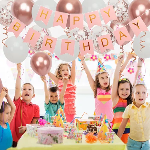 Miniatura 7 de Cartel de feliz cumpleaños, decoración de cumpleaños de oro rosa, 16 globos de 12 pulgadas con 2 cintas para decoración de fiesta de niña y mujer