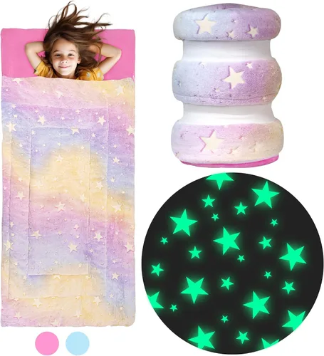 Miniatura 8 de Saco de dormir para niños y niñas, brilla en la oscuridad para mayores de 3 años, grande con bolsillo para almohada, manta extra suave para niños