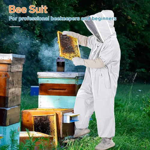Miniatura 6 de Trajes de abeja para hombres y mujeres, a prueba de picaduras, traje de apicultura con guantes de apicultura y capucha de velo (blanco)