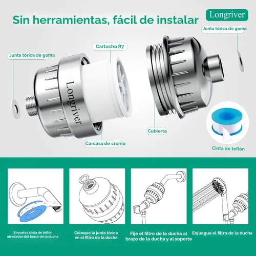 Miniatura 8 de Filtro de ducha R7 de alto rendimiento para agua dura, elimina 99.99% de cloro y metales pesados, suavizante de agua de ducha, mejora tu piel y 1