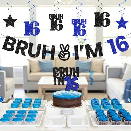 Miniatura 5 de Bruh I'm 16 - Decoraciones de cumpleaños para niños, kit de decoración de fiesta de dulces 16 con pancarta pre-encordada, remolinos colgantes y 16