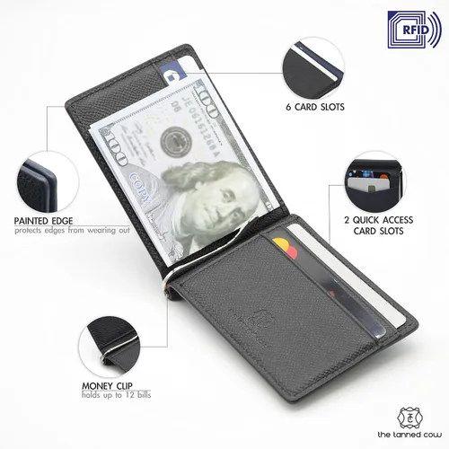 Miniatura 5 de Billetera plegable súper delgada, de piel auténtica, minimalista, con bolsillo frontal, para hombre, con clip para dinero, bloqueo RFID, Negro