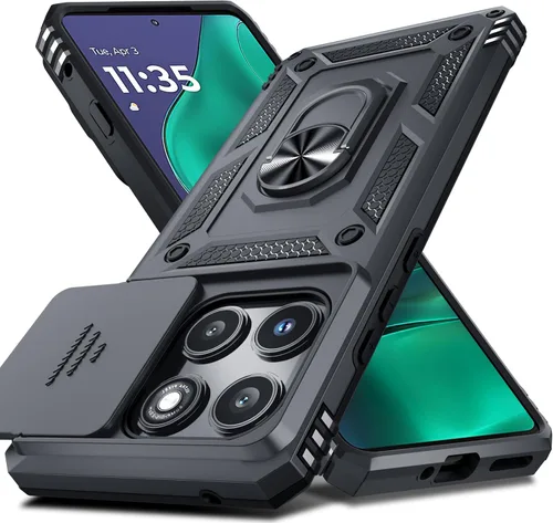 Janmitta Funda compatible con Moto Edge 2025, cubierta integrada para lente de cámara deslizante + soporte de anillo de dedo, resistente, a prueba