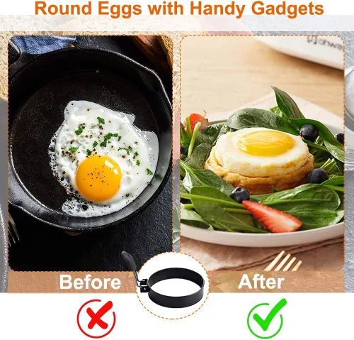 Miniatura 11 de COTEY Juego de 2 anillos de huevo de 3.5 pulgadas con mango de silicona, anillo grande para freír huevos, molde redondo para magdalenas inglesas