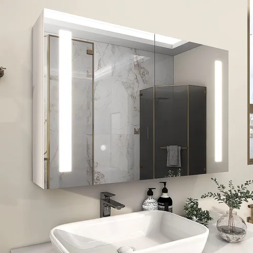 Botiquín de baño con espejo de tocador LED, montaje en superficie de luz ajustable de 3 colores, gabinete de baño con luz antiniebla (media luz de
