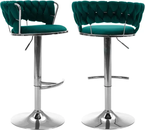 Miniatura 16 de Juego de 2 taburetes de bar giratorios de terciopelo, modernos taburetes de bar ajustables con respaldo tejido, taburete de bar de altura