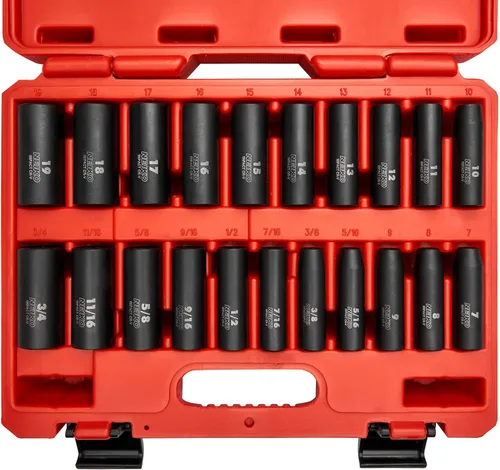 NEIKO 02431A Juego de llaves de vaso SAE y métricas de impacto profundo de 3/8 pulgadas | 21 piezas | SAE 5/16 pulgadas a 3/4 pulgadas | métrico