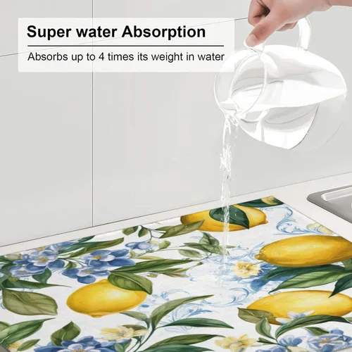 Miniatura 5 de Tapete de secado de platos de limón para encimera de cocina, protector y decoración súper absorbente de doble cara de microfibra para barra de café