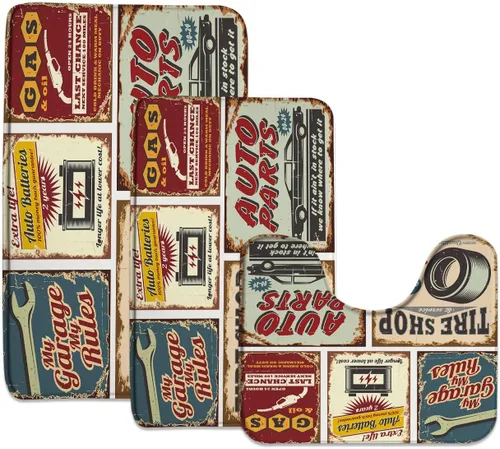 Juego de alfombras de baño de 3 piezas antiguas para automóvil, placa de los años 50, accesorios antiguos, póster de reparación estadounidense,
