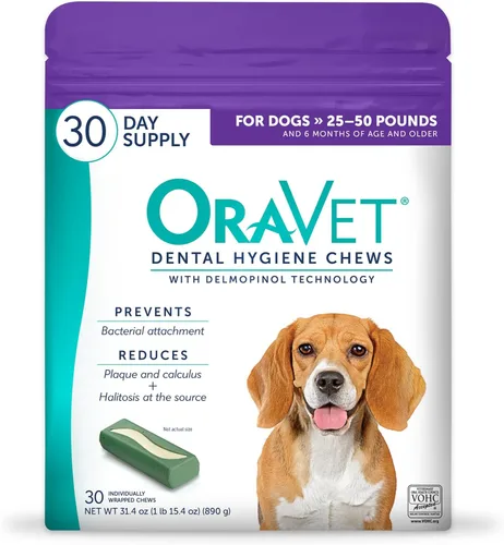 OraVet Masticables dentales para perros, masticables para cuidado y higiene oral (perros medianos, 25-50 libras) Bolsa púrpura, 30 unidades