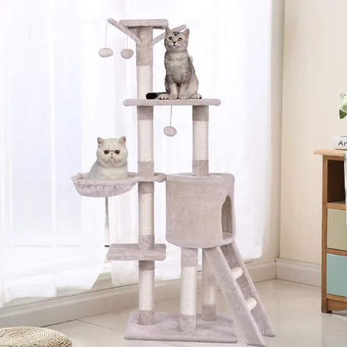 Miniatura 4 de Tangkula Árbol para gatos de 56 pulgadas, torre para gatos de varios niveles con poste rascador de sisal y escalera, área de juegos grande