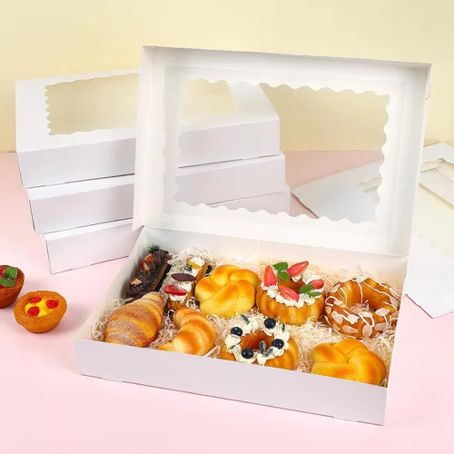Miniatura 4 de TOMNK 25 piezas Cajas para galletas con ventana, 16x11x2.5 pulgadas Cajas de panadería grandes con despliegue automático para golosinas, postres