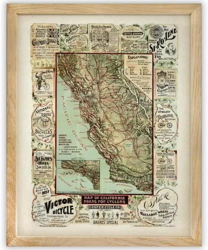Antique California Bicycle Map Art Print - Retro Bike Map Vintage Decor, Cycling Shop Wall Decor, Bike Garage Art Poster, Gift for Cyclist and Bike