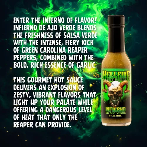 Miniatura 2 de Hellfire Hot Sauce Infierno De Ajo Verde - Salsa Verde de ajo Gourmet Salsa picante con pimientos verdes Carolina Reaper, 5 onzas
