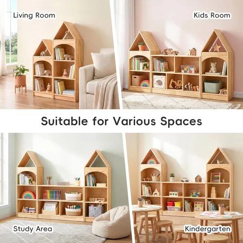 Miniatura 6 de OOOK Rubberwood Montessori - Estante organizador y almacenamiento de juguetes de 3 niveles, armario esquinero de madera para habitación de niños