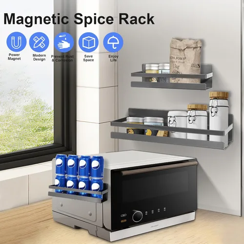 Miniatura 4 de Uten Estante grande para especias para refrigerador, paquete de 2 estantes magnéticos fuertes, organizador de refrigerador movible, ahorro de Gris