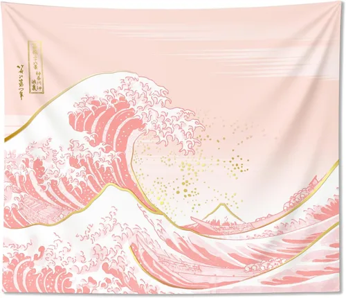 Ovenbird Tapiz de olas rosa pastel y dorado, tapiz japonés para estética de dormitorio, para colgar en la pared, 59 x 51 pulgadas