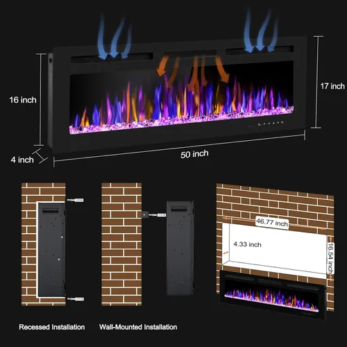 Miniatura 4 de BETELNUT Chimenea eléctrica de 50 pulgadas montada en la pared y empotrada con control remoto, calentador de chimenea de pared ultrafino de 750/1500