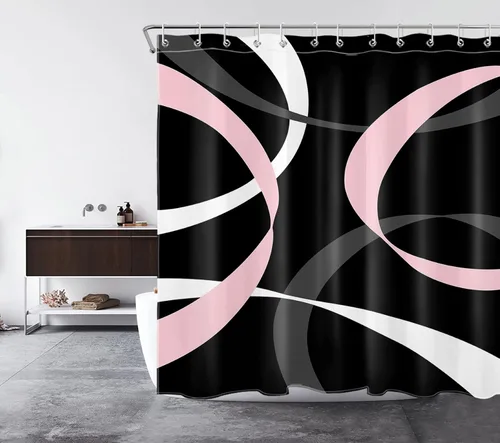 Miniatura 3 de LB Cortina de ducha abstracta rosa para baño, cortina de ducha de tela a rayas grises y blancas sobre fondo negro con ganchos, juego de cortinas