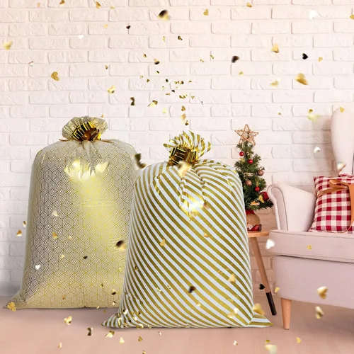 Miniatura 7 de Fulmoon 4 bolsas de regalo jumbo de 48 pulgadas, bolsas doradas extra grandes con flores de tirar, regalo gigante de plástico para regalo de Dorado