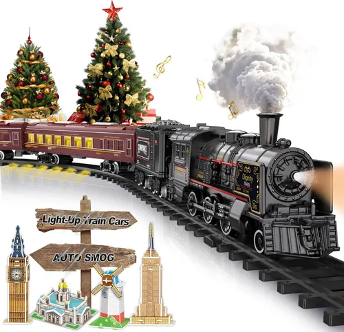 Miniatura 13 de Juego de tren para niños con control remoto, juguetes de tren con locomotora de vapor, tanque de combustible y pistas de lujo, trenes eléctricos