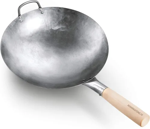 Miniatura 2 de Wok de fondo redondo con tapa, juego de wok martillado a mano, wok y wok de acero al carbono de 14