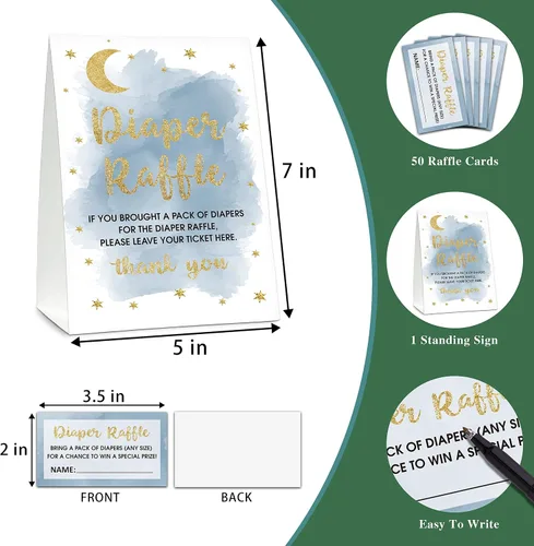 Miniatura 2 de Gihyan Juego de rifas de pañales para baby shower (1 letrero de pie + 50 tarjetas de búsqueda), boletos para sorteo de pañales de luna y estrellas