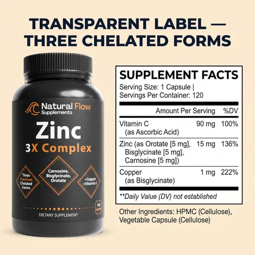 Complejo de suplemento de zinc con cobre y vitamina C - Flujo natural 3X zinc carnosina, quelato de bisglicinato y orrotato, cobre quelado, fácil