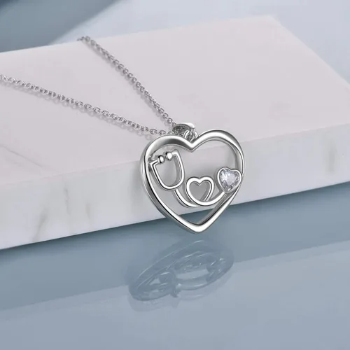 Miniatura 2 de Collar con estetoscopio de plata de ley con diseño de corazón y enfermería, regalo para enfermeras y médicos